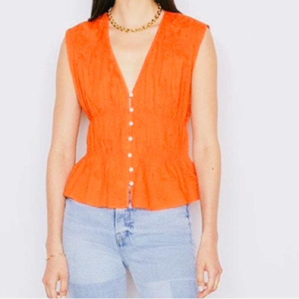 Frame EUC Ruched V Neck Sleeveless Top Blouse Orange Button Front Peplum M - Picture 1 of 12